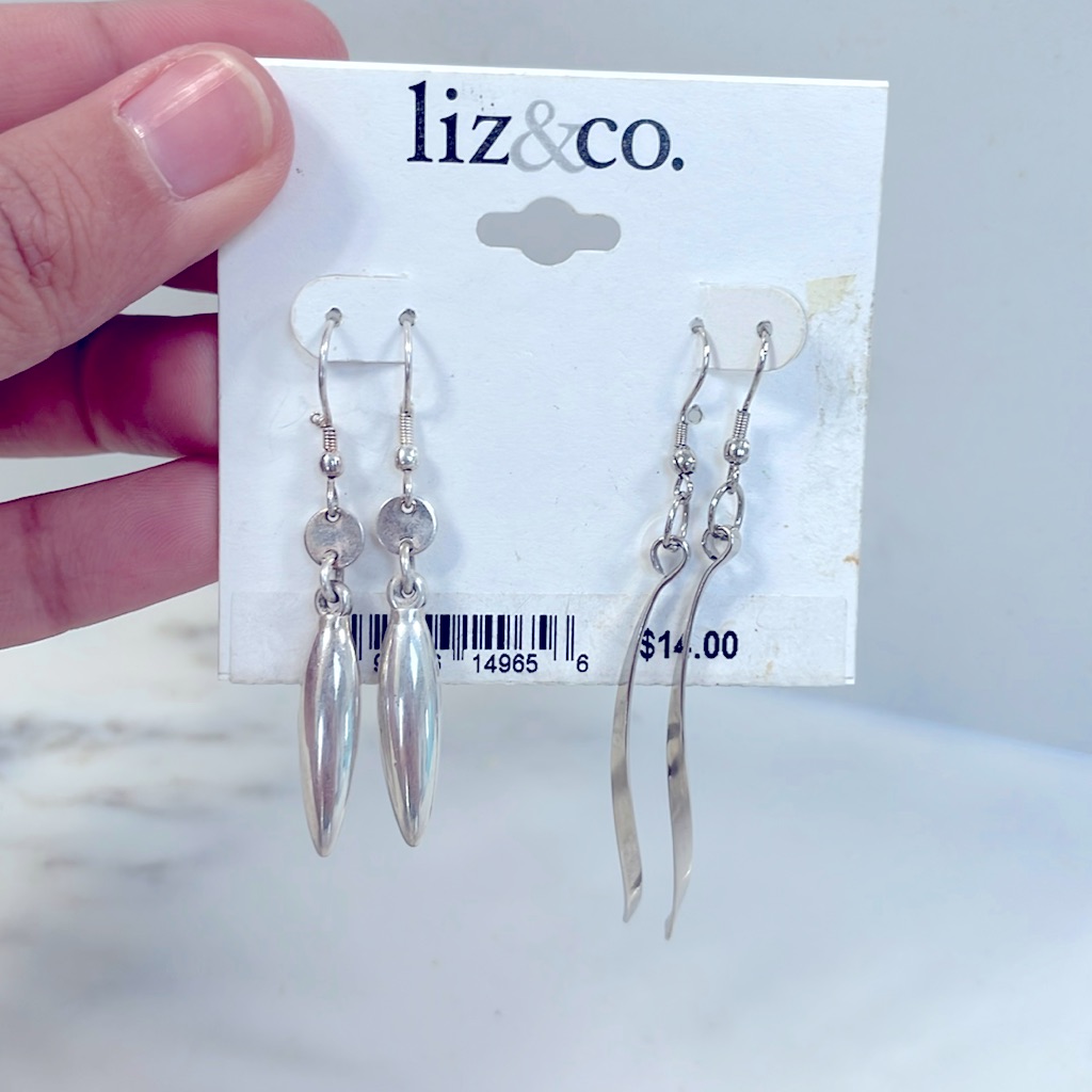 2 Pair Silver Tone Dangle Earrings Bundle